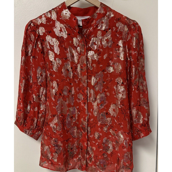 ba&sh Tanama Blouse Red Floral Gold Metallic Accents Women Size S/4 Fancy NWT - Picture 5 of 14